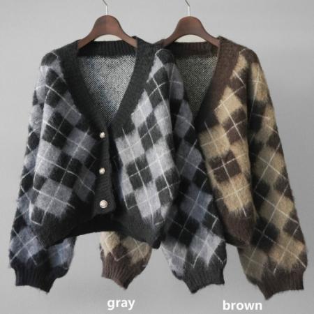 FA52428# 春秋新款V领格子毛衣开衫+半身大摆网纱长裙两件套套装  服裝批發女裝批發服飾貨源