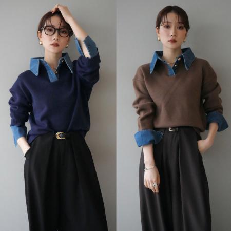 FA52430# 时髦不费力叠搭假两件牛仔拼接翻领宽松毛针织衫毛衣女  服裝批發女裝批發服飾貨源