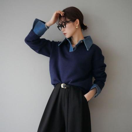 FA52430# 时髦不费力叠搭假两件牛仔拼接翻领宽松毛针织衫毛衣女  服裝批發女裝批發服飾貨源