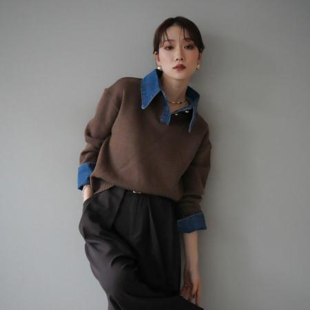 FA52430# 时髦不费力叠搭假两件牛仔拼接翻领宽松毛针织衫毛衣女  服裝批發女裝批發服飾貨源