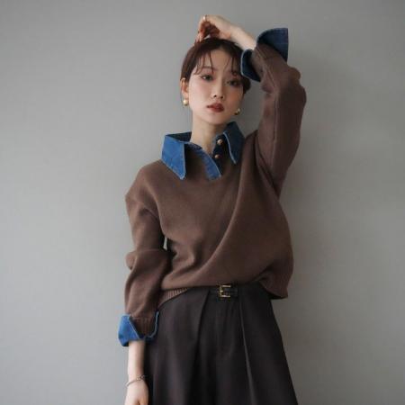 FA52430# 时髦不费力叠搭假两件牛仔拼接翻领宽松毛针织衫毛衣女  服裝批發女裝批發服飾貨源