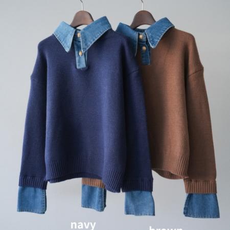 FA52430# 时髦不费力叠搭假两件牛仔拼接翻领宽松毛针织衫毛衣女  服裝批發女裝批發服飾貨源