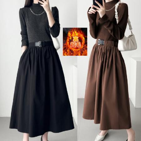 FA52431# 秋冬修身长袖收腰长裙仿羊绒叠穿厚保暖连衣裙送项链送腰带  服裝批發女裝批發服飾貨源