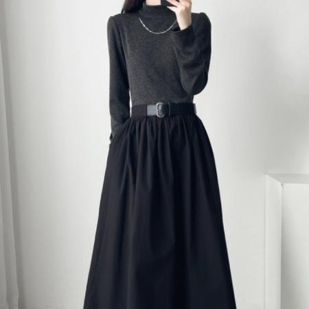 FA52431# 秋冬修身长袖收腰长裙仿羊绒叠穿厚保暖连衣裙送项链送腰带  服裝批發女裝批發服飾貨源