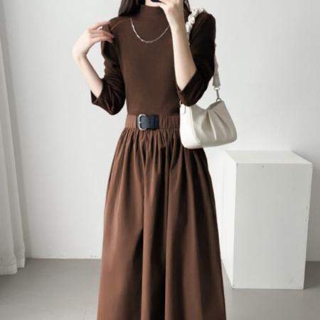 FA52431# 秋冬修身长袖收腰长裙仿羊绒叠穿厚保暖连衣裙送项链送腰带  服裝批發女裝批發服飾貨源