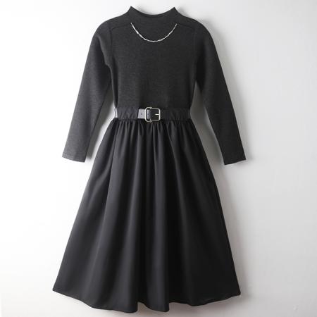 FA52431# 秋冬修身长袖收腰长裙仿羊绒叠穿厚保暖连衣裙送项链送腰带  服裝批發女裝批發服飾貨源