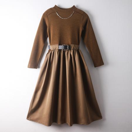 FA52431# 秋冬修身长袖收腰长裙仿羊绒叠穿厚保暖连衣裙送项链送腰带  服裝批發女裝批發服飾貨源