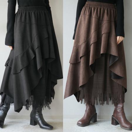 FA52432# 秋冬女高档半身裙新款时尚高腰不规则流苏中长裙女半身长裙  服裝批發女裝批發服飾貨源
