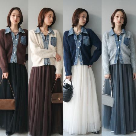 FA52433# 新款牛仔拼接针织女优雅针织衫+大摆网纱半身长裙两件套套装  服裝批發女裝批發服飾貨源