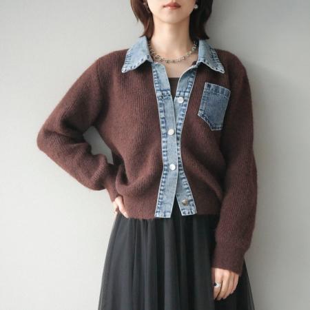 FA52433# 新款牛仔拼接针织女优雅针织衫+大摆网纱半身长裙两件套套装  服裝批發女裝批發服飾貨源