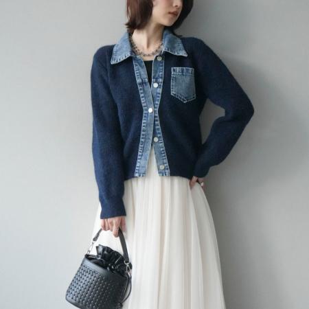 FA52433# 新款牛仔拼接针织女优雅针织衫+大摆网纱半身长裙两件套套装  服裝批發女裝批發服飾貨源