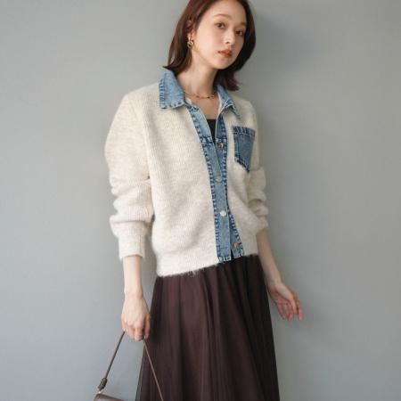 FA52433# 新款牛仔拼接针织女优雅针织衫+大摆网纱半身长裙两件套套装  服裝批發女裝批發服飾貨源