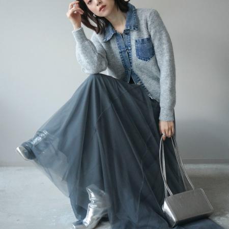 FA52433# 新款牛仔拼接针织女优雅针织衫+大摆网纱半身长裙两件套套装  服裝批發女裝批發服飾貨源