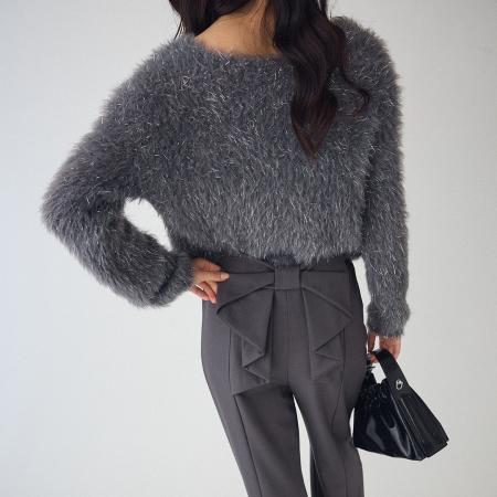 FA52434# 新款小个子V领女亮丝针织衫+蝴蝶结女休闲裤两件套套装  服裝批發女裝批發服飾貨源