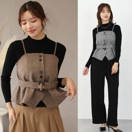 FA52435# 春秋黑色半高领打底毛衣+毛呢显瘦马夹吊带叠穿两件套套装  服裝批發女裝批發服飾貨源