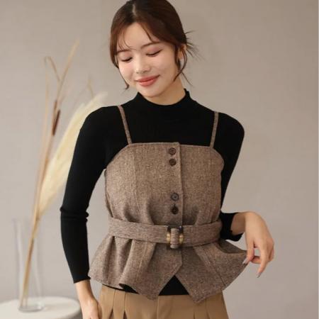 FA52435# 春秋黑色半高领打底毛衣+毛呢显瘦马夹吊带叠穿两件套套装  服裝批發女裝批發服飾貨源