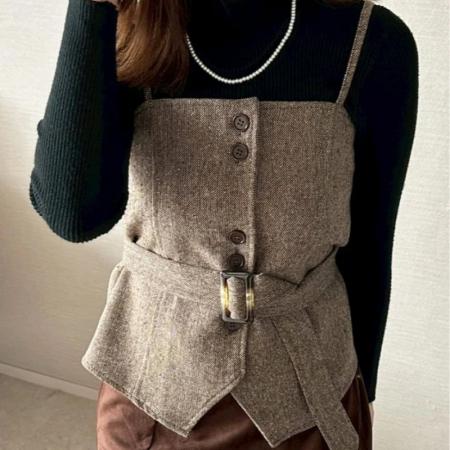 FA52435# 春秋黑色半高领打底毛衣+毛呢显瘦马夹吊带叠穿两件套套装  服裝批發女裝批發服飾貨源