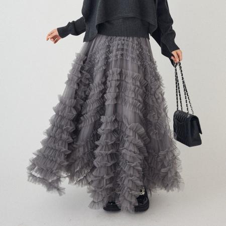 FA52436# 新款重工大摆木耳花边A字长裙女百搭蓬蓬长裙蛋糕裙  服裝批發女裝批發服飾貨源