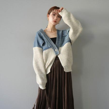 FA52437# 韩国东大门秋季新款女装V领时尚撞色针织拼接牛仔短外套  服裝批發女裝批發服飾貨源