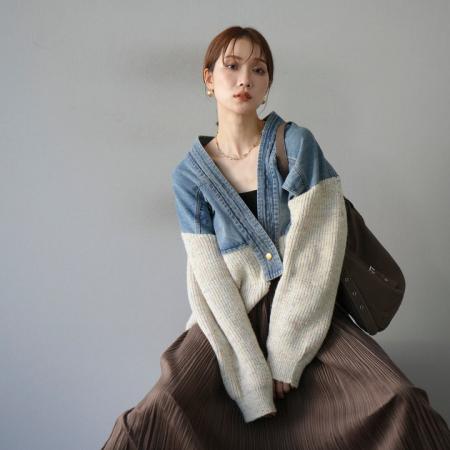 FA52437# 韩国东大门秋季新款女装V领时尚撞色针织拼接牛仔短外套  服裝批發女裝批發服飾貨源