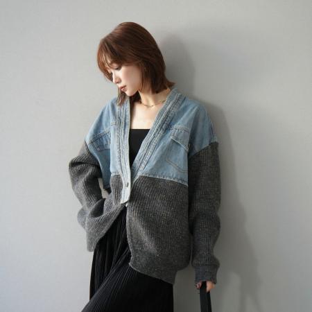 FA52437# 韩国东大门秋季新款女装V领时尚撞色针织拼接牛仔短外套  服裝批發女裝批發服飾貨源