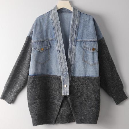 FA52437# 韩国东大门秋季新款女装V领时尚撞色针织拼接牛仔短外套  服裝批發女裝批發服飾貨源