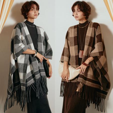 FA52438# 秋冬保暖针织格纹流苏围巾长款外搭披风美拉德女针织披风  服裝批發女裝批發服飾貨源