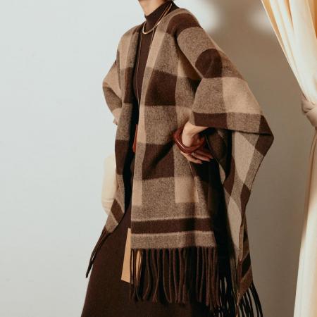 FA52438# 秋冬保暖针织格纹流苏围巾长款外搭披风美拉德女针织披风  服裝批發女裝批發服飾貨源