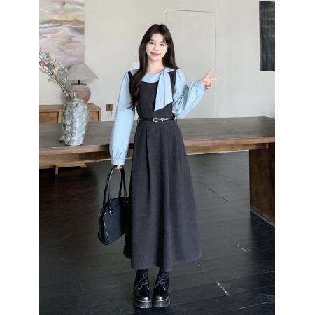 FA52439# 春秋新款胖mm学院风撞色拼接假两件长袖连衣裙女气质长裙子女