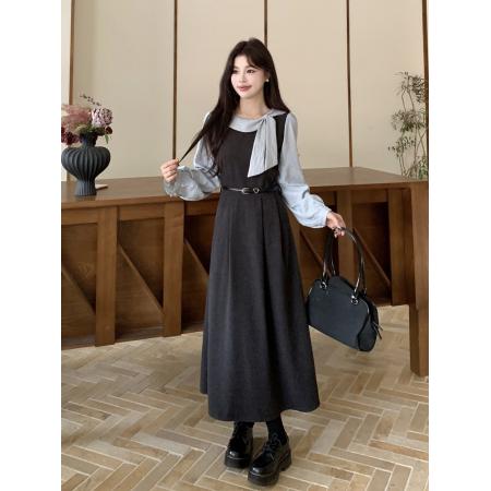 FA52439# 春秋新款胖mm学院风撞色拼接假两件长袖连衣裙女气质长裙子女