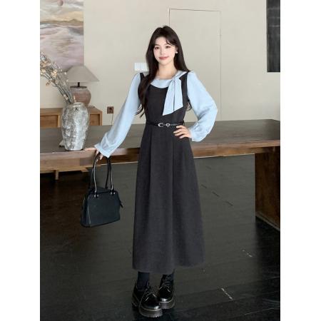 FA52439# 春秋新款胖mm学院风撞色拼接假两件长袖连衣裙女气质长裙子女