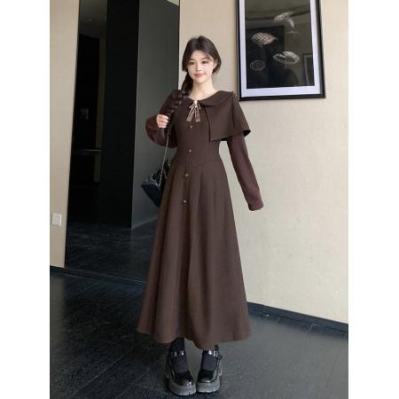 FA52440# 韩系复古斗篷披肩连衣裙女春秋胖mm学院风高级感显瘦长裙子