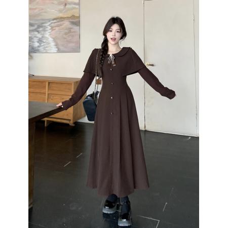 FA52440# 韩系复古斗篷披肩连衣裙女春秋胖mm学院风高级感显瘦长裙子