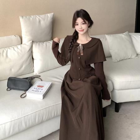 FA52440# 韩系复古斗篷披肩连衣裙女春秋胖mm学院风高级感显瘦长裙子