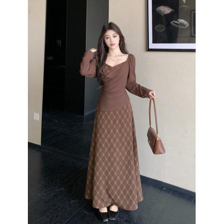 FA52441# 春秋新款港风复古修身显瘦胖mm设计感针织拼接连衣裙长裙子女