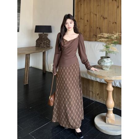 FA52441# 春秋新款港风复古修身显瘦胖mm设计感针织拼接连衣裙长裙子女