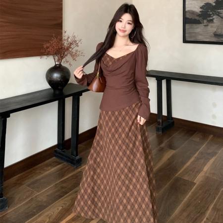 FA52441# 春秋新款港风复古修身显瘦胖mm设计感针织拼接连衣裙长裙子女