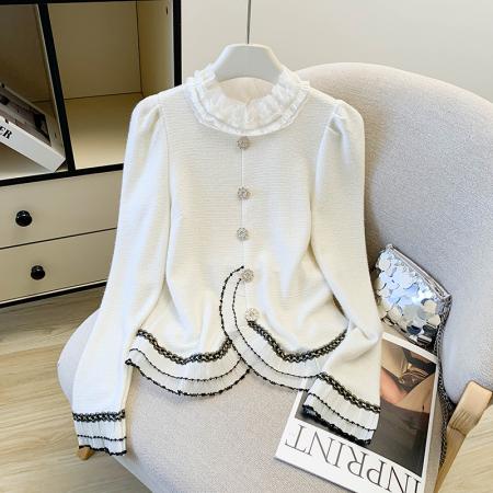 FA52442# 法式宫廷风蕾丝花边针织衬衫秋冬新款气质长袖上衣