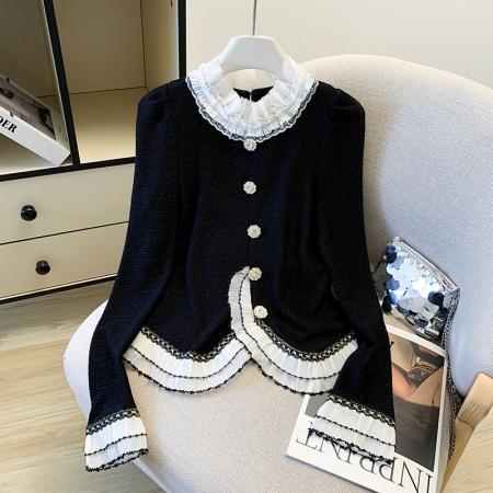 FA52442# 法式宫廷风蕾丝花边针织衬衫秋冬新款气质长袖上衣