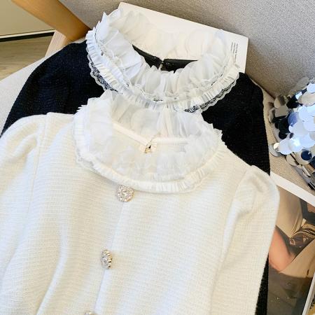 FA52442# 法式宫廷风蕾丝花边针织衬衫秋冬新款气质长袖上衣