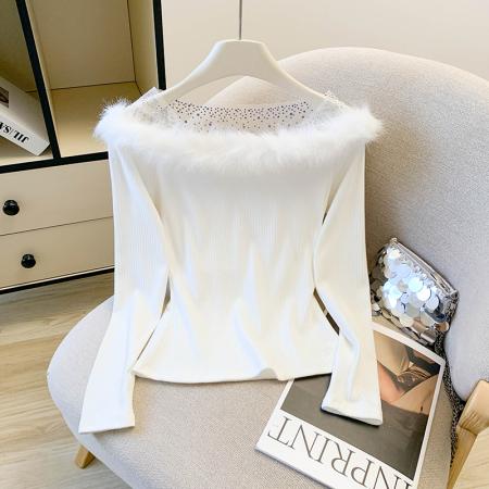 FA52443# 秋冬新款纯欲风毛毛烫钻网纱拼接v领t恤百搭修身打底衫上衣