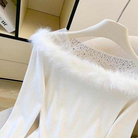 FA52443# 秋冬新款纯欲风毛毛烫钻网纱拼接v领t恤百搭修身打底衫上衣