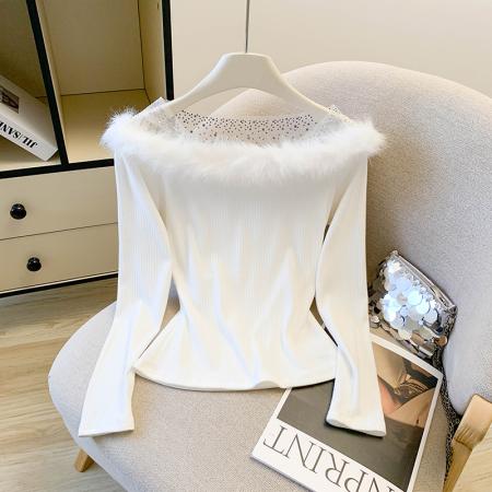 FA52443# 秋冬新款纯欲风毛毛烫钻网纱拼接v领t恤百搭修身打底衫上衣