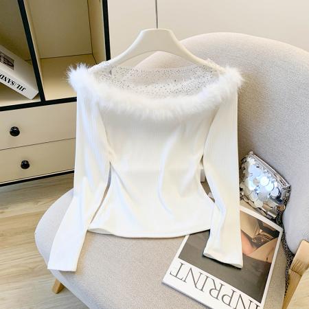 FA52443# 秋冬新款纯欲风毛毛烫钻网纱拼接v领t恤百搭修身打底衫上衣