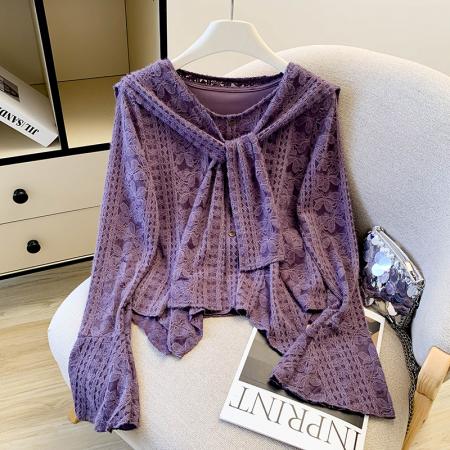 FA52444# 秋冬法式紫色温柔风气质披肩v领长袖蕾丝衬衫新款喇叭袖上衣