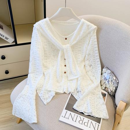 FA52444# 秋冬法式紫色温柔风气质披肩v领长袖蕾丝衬衫新款喇叭袖上衣