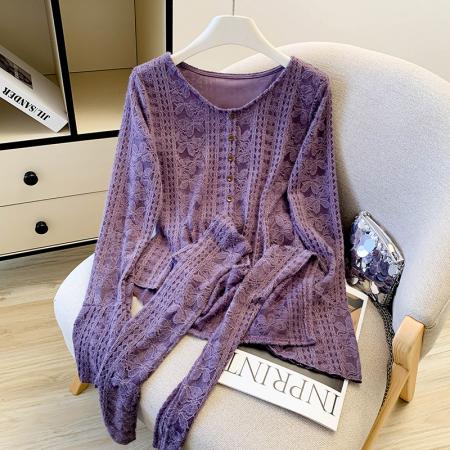 FA52444# 秋冬法式紫色温柔风气质披肩v领长袖蕾丝衬衫新款喇叭袖上衣