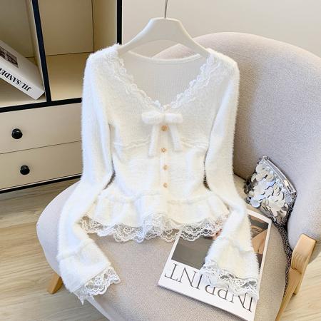 秋冬蝴蝶结蕾丝拼接毛绒长袖针织衫新款纯欲风内搭打底衫