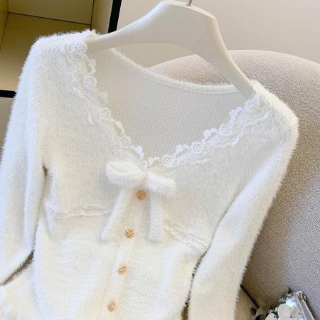 秋冬蝴蝶结蕾丝拼接毛绒长袖针织衫新款纯欲风内搭打底衫