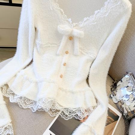 秋冬蝴蝶结蕾丝拼接毛绒长袖针织衫新款纯欲风内搭打底衫